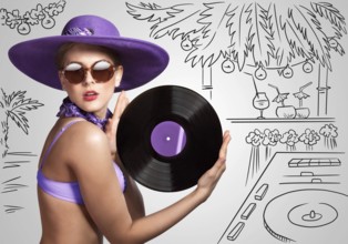 Colourful photo of a beautiful DJane in a bikini holding a retro vinyl record in her hands on a