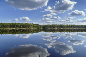 Landscape with a symmetrical reflection on the Vyg river (part of the White Sea-Baltic Canal),