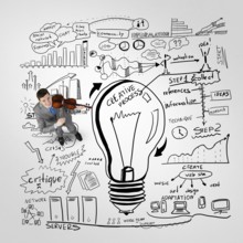 Top view of businessman playing violin and looking at plan sketches on floor
