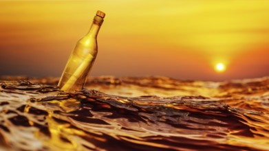 Message in a bottle sunset background 3D illustration