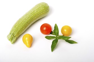 Basil, tomatoes and zucchini on a white background