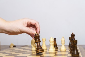 Close-up of a woman's hands playing chess with a white background and copy space