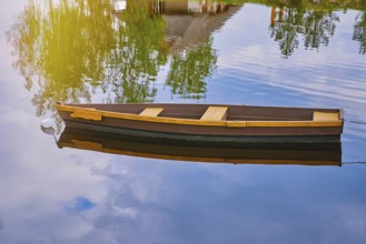 Wooden Boat on the River Plavinas, Latvia, Europe