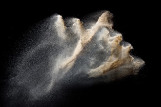 Sand flying explosion isolated on black background. Freeze motion of sandy dust splash