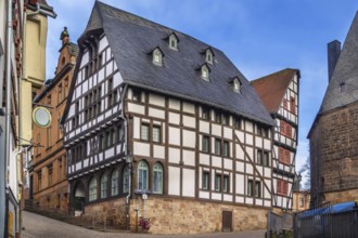 Street in Marburg with half-timbered houses, Germany, Europe