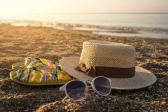 Hat with sunglasses on sand. Flip flops near the sea. The beach is calling. It's time to relax
