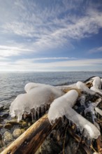 Branch covered with icicles lies on the lake under a slightly cloudy sky, harbour, Gohren, Lake