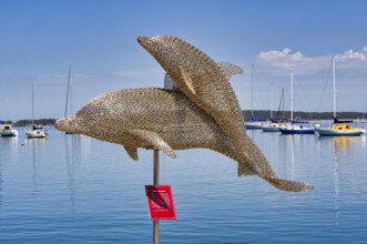 Stainless steel chain sculpture, Harmony, Dolphin Family, by Mike Van Dam, Soldiers Point, NSW,