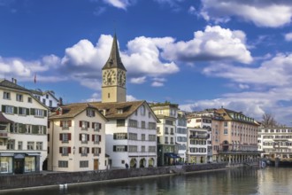 Embankment of Limmat river in Zurich historical center, Switzerland, Europe