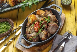 Food, Food, Bbq grilled meat, pork, chicken and vegetable on cast iron pan. Grilled skewers on