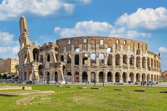 Exterior view of the monumental three-storey Colosseum in Rome