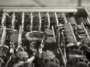Monochrome selective focus image of complex colored wiring and connectors joining circuit boards