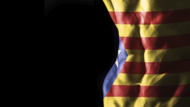 Catalonia flag on abs muscles, national sport workout, bodybuilding concept, black background