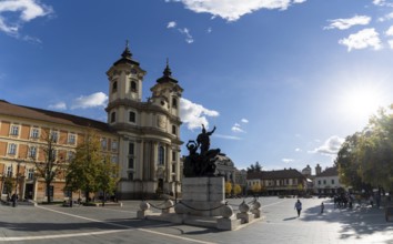 Eger, Hungary, 2 October, 2022: panorama view of the Dobo Istvan Square in Eger with the Antony of