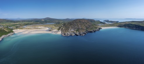 A panorama aerial view of Barley Cove Beach on the Mizen Peninsula of West Cork in Ireland