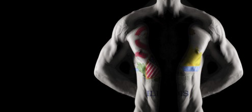 Illinois flag on muscled male torso with abs, Illinois bodybuilding concept, black background