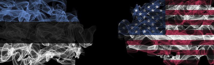 Flags of Estonia and USA on Black background, Estonia vs USA Smoke Flags