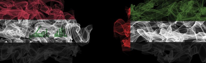 Flags of Iraq and UAE on Black background, Iraq vs United Arab Emirates Smoke Flags
