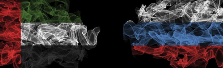 Flags of UAE and Russia on Black background, UAE vs Russia Smoke Flags