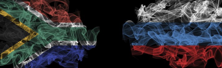 Flags of South Africa and Russia on Black background, South Africa vs Russia Smoke Flags