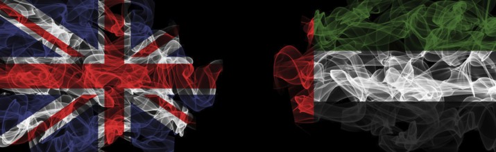 Flags of Union Jack and UAE on Black background, Union Jack vs United Arab Emirates Smoke Flags