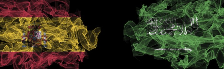 Flags of Spain and Saudi Arabia on Black background, Spain vs Saudi Arabia Smoke Flags
