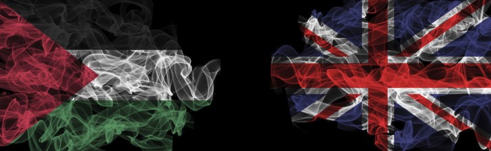 Flags of Palestine and United Kingdom on Black background, Palestine vs United Kingdom Smoke Flags