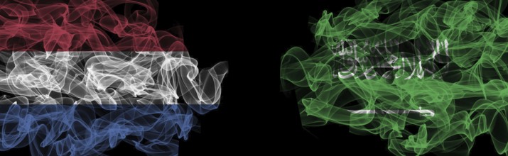 Flags of Netherlands and Saudi Arabia on Black background, Netherlands vs Saudi Arabia Smoke Flags