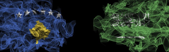 Flags of Kosovo and Saudi Arabia on Black background, Kosovo vs Saudi Arabia Smoke Flags