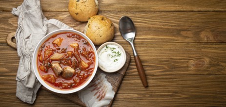 Ukrainian Borscht, red beetroot soup with meat, in white bowl with sour cream, garlic buns