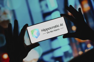 In this photo illustration, the Hippocratic AI logo is displayed on a smartphone screen