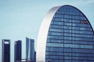 Madrid, Spain, June 19, 2021: City BBVA. Headquarters of BBVA bank in Las Tablas district. La Vela