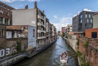 Ghent, Belgium, July 31, 2016: Cityscape of Ghent with new buildings along the canal, Europe