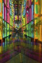 Colourful window reflections in the convention centre, Montreal, Province of Quebec, Canada, North