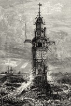 The first lighthouse on Eddystone Rocks built by Henry Winstanley, 1696, Rame Head, Plymouth,