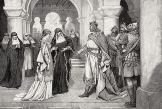 Henry the Fowler making a marriage proposal to Saint Matilda at Herford Abbey, 9th century