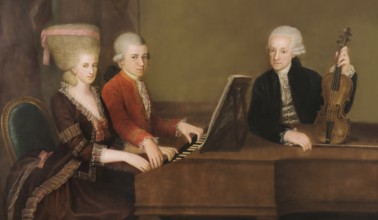 Wolfgang Amadeus Mozart with his sister Maria Anna Nannerl and father Leopold, on the wall a