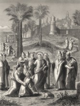 Healing a blind man near Jericho, New Testament, steel engraving 1853, digitally restored