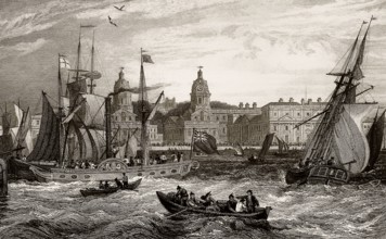 Royal Naval Hospital, seen from the Isle of Dogs, Greenwich, London, UK, 19th century