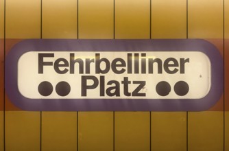 Beuatiful 1970s station sign at the subway station Fehrbelliner Platz in Berlin, Germany, Europe