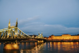 Panorama of the Freedom Bridge and the ensemble of buildings on the shore at night. Side view.