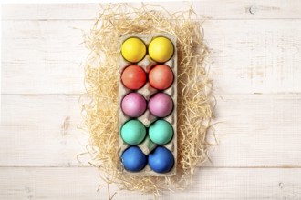 Easter concept. Colorful eggs on white wooden background with copy space for text or design. Top