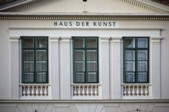 Baden bei Wien, Austria - November 14, 2015: Three windows with columns and the inscription Haus