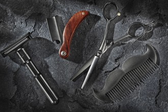 Black Barbers Tools Set On Sone Slate Background