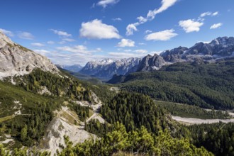 Panoramic view of the famous peaks of the Dolomites, Belluno Province, Dolomiti Alps, Italy, Europe