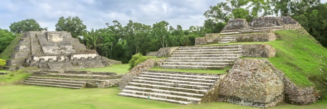 Belize, Central America, Altun Ha Temple. Web banner in panoramic view, Central America