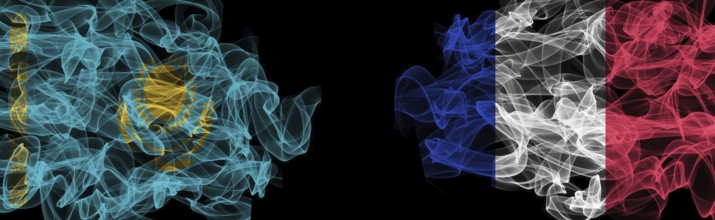 Flags of Kazakhstan and France on Black background, Kazakhstan vs France Smoke Flags
