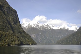 View of Cascades (on left) at Milford Sound, Fiordland, New Zealand, Oceania