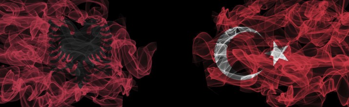Flags of Albania and Turkey on Black background, Albania vs Turkey Smoke Flags
