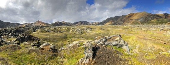 Panorama of Iceland landscape at Laugavegur hiking trail in Fjallabak Nature Reserve. Travel and